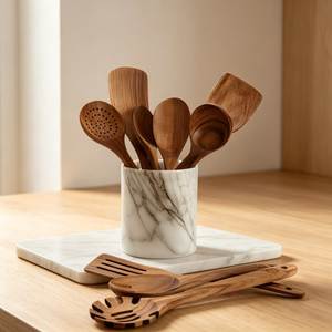 Ensemble d'ustensiles de cuisine en bois de style bio avec cuillère à salade, fourchette et cuillère de service – Ustensiles écologiques pour une utilisation manuelle - Product Image 5