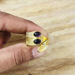 <b>Top</b> Choice Open Band <b>Feather</b> Amethyst Ring 18k Gold Plated Brass Boho Ring Double Stone Statement Wholesale Modern Style Ring - Product Image 4