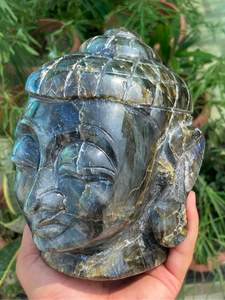 Sculpture de tête de Bouddha en labradorite naturelle sculptée à la main, 6,25x5 pouces, 3440g, décoration d'intérieur, statue de méditation, OEM ODM, vente en gros - Product Image 3