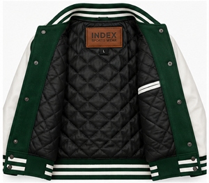 Chaqueta Varsity Verde para Hombre INDEX con Mangas Blancas, Logotipo Bordado, Cuello Camisero y Cierre de Botones, para Otoño - Product Image 4