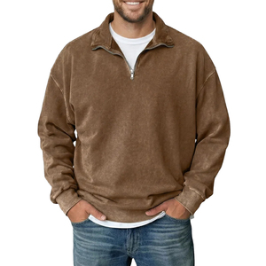 Sudadera de Forro Polar con Cierre de Cremallera para Hombre, Color Marrón Sólido, Cuello Alto, Corte Regular, Informal, Manga Larga, para Otoño - Product Image 1