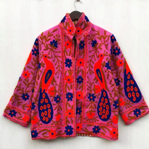 <b>Velvet</b> Suzani Chic Embroidered <b>Jacket</b> Peacock Floral Ethnic Outerwear with Vintage Uzbek Style Winter Cotton Filled Short <b>Jacket</b> - Product Image 1