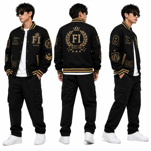 Chaqueta Varsity Premium Negra y Dorada para Hombre, Otoño, Bordada, con Botones a Presión, Estilo Letterman, Bomber, Venta al Por Mayor, Personalización de Marca - Product Image 4