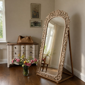 Modern natural light wood <b>full</b> <b>length</b> floor <b>mirror</b> crafted with a scalloped carved frame, available at wholesale prices. - Product Image 5