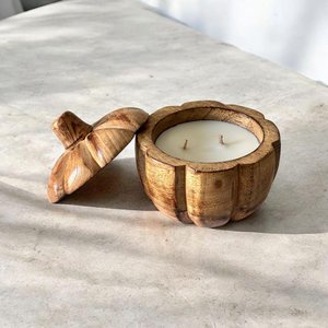 Bol à bougie en bois naturel sculpté à la main en forme de citrouille, pot à bougie rustique pour la décoration de table dans le salon - Product Image 5