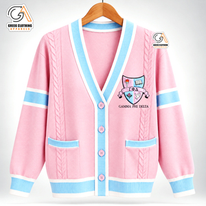 Gamma Phi Delta Sorority Pink Blue <b>Cardigan</b> Embroidered Crest Crew Neck Thick <b>Lightweight</b> Winter Polyester Sweater Full Sleeve - Product Image 4