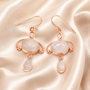 Natural Double Rainbow Moonstone <b>Dangle</b> <b>Earrings</b> Rose Gold Plated Luxury Artisan Boho Gemstone Drop <b>Earrings</b> Pure 925 Sterling - Product Image 4