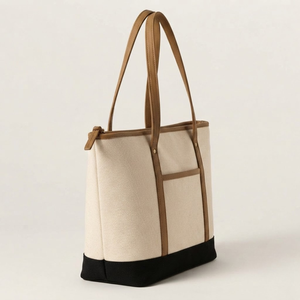 Zipper Top Cotton Tote <b>Bag</b> Eco Friendly Leather Handle Large Capacity Women <b>Shoulder</b> Handbag Reusable Color Block Wedding Custom - Product Image 3