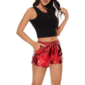 Metallic Shorts Women Solid Red Elastic Drawstring Waist Side Pocket Glossy Shiny Rave Festival <b>Dance</b> - Product Image 4