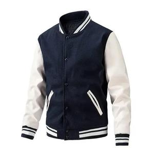 Unisex Canvas Varsity Jacket Navy White Color Block Hooded Stand <b>Covered</b> <b>Button</b> Closure Regular Fit Winter Casual Style Front - Product Image 4