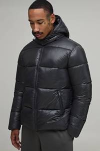 Men Black Hooded Puffer Jacket Winter 2026 Glossy <b>Padded</b> <b>Coat</b> Full Zip Quilted <b>Waterproof</b> Outerwear Custom OEM Windproof Casual - Product Image 2