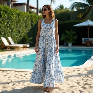 Vestido largo floral encantador para niñas jóvenes cuello redondo sin mangas estilo bohemio Casual espíritu al aire libre blanco azul vides estampado - Product Image 1