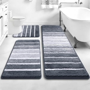 Juego de 3 Alfombras de Baño Modernas de Chenilla Gris a Rayas, Rectangulares, Antideslizantes, con Base de Goma, Gruesas y Afelpadas, para Uso Doméstico - Product Image 1