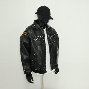 Men Varsity Jacket Black Studded Letter Print Turn <b>Down</b> Collar Zipper Faux Leather Retro Casual Streetwear Varsity Jacket - Product Image 6