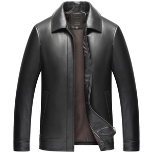 Veste en cuir PU noir pour homme, col rabattu, fermeture éclair, vêtement d'extérieur décontracté pour l'automne, coupe classique, couleur unie, en cuir de chèvre véritable - Product Image 4