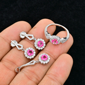 Nouvel ensemble de bijoux de fiançailles pour femmes, en topaze rose naturelle, luxe, argent sterling 925, avec sertissage à griffes - Product Image 2