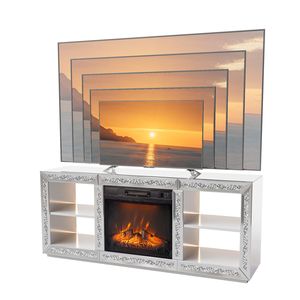 Soporte de TV Moderno Plateado de 18 Pulgadas con Espejo, Panel de Fibra de Densidad Media con Inserto para Chimenea LED, Estantes de Almacenamiento y Consola con Acabado Estilo Madera - Product Image 2