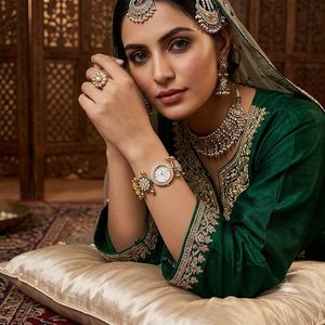Reloj de pulsera floral chapado en oro para mujer con cristales de imitación y perlas de loto, joyería étnica para boda, regalo para niñas - Product Image 4