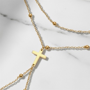 Bracciale a Doppio Strato con Catena Incrociata, Colore Oro, con Perline, Gioiello da Mano per Donna, Stile Semplice, Lunghezza Standard - Product Image 4