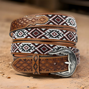 OEM Beaded Argentina Cow Leather Western Floral <b>Engraved</b> Hand <b>Tooled</b> Full Grain Brazilian Cow Leather Genuine Leather Belt - Product Image 4