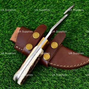 Couteau de chasse et de camping professionnel à lame fixe en acier inoxydable forgé à la main, qualité industrielle 58 HRC, avec crochet à viande et manche en corne de cerf, ODM - Product Image 3