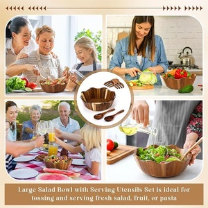 Bol de service en bois d'acacia naturel, fait main, en bois massif, pour salade, fruits, mélange, vaisselle rustique pour la cuisine, la maison, le restaurant - Product Image 4