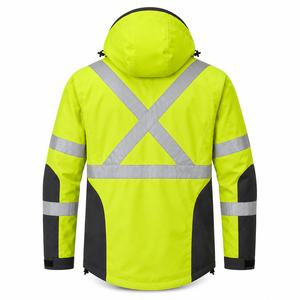 Veste de travail haute visibilité réfléchissante, résistante à l'eau, couleur lime charbon, à capuche, dos en X, personnalisable, vente en gros, coque 300D - Product Image 2