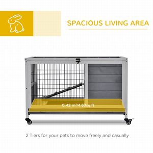 Indoor <b>Rabbit</b> Enclosure Large Wooden Elevated <b>Cage</b> Habitat with No Leak Tray Wheels Gray for <b>Rabbits</b> & Guinea Pigs - Product Image 4