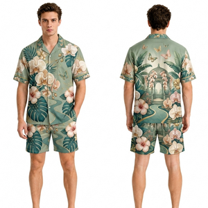 Conjunto de Pantalones Cortos Hawaianos para Hombre, Diseño Floral Vintage Rojo Intenso, Poliéster Transpirable de Alta Calidad, Ropa de Vacaciones Resistente para Resort - Product Image 3