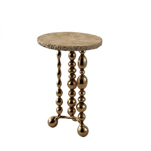 Eclectic <b>Round</b> Wooden <b>Side</b> <b>Table</b> with Carved Patterns on TOP And Bottom with Metal Brass Accents For Living Room Furniture - Product Image 3