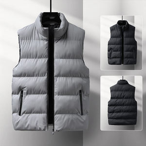 Men's <b>Black</b> Stand Collar Puffer <b>Vest</b> Zipper Front Windproof Casual Winter Outerwear Polyester Wadding Solid Color Regular Fit - Product Image 3