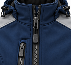 Chaqueta Softshell Azul Marino Personalizada para Mujer con Capucha, Paneles Grises, Impermeable, Bolsillos con Cremallera, Puños Ajustables, Abrigo para Exteriores OEM - Product Image 6