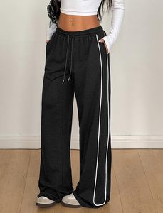 Unisex Black Wide Leg Sweatpants With <b>White</b> Side Stripe Elastic Waist Drawstring Casual <b>Jogger</b> Pants Autumn Streetwear - Product Image 4