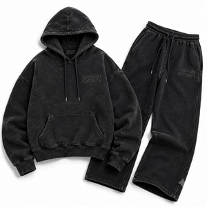Ensemble de survêtement décontracté Vocksin en molleton épais noir délavé coupe droite pour homme avec pantalon large et sweat à capuche - Product Image 5