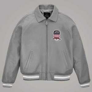 Avirex Grey American Flight <b>Sheepskin</b> Leather Varsity <b>Jacket</b> for Men - Product Image 1
