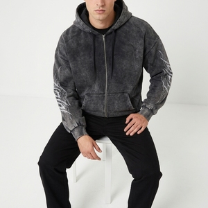Sweat à capuche vintage oversize en molleton avec fermeture éclair quart de tour, mélange polyester/coton, coupe ample personnalisée, lourd, délavé à l'acide, impression numérique, hiver - Product Image 1