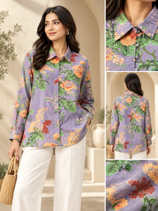Chemise en coton à manches longues pour femme, imprimé floral, col rabattu, décontractée, respirante, tissu tissé, longueur intégrale, printemps - Product Image 2