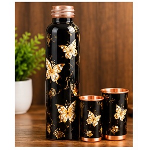 Handpainted Copper Water <b>Bottle</b> Set <b>Pink</b> Cherry Blossom Design Portable Travel Drinkware - Product Image 5