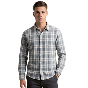 Camisa de Franela a Cuadros Gris y Blanco para Hombre, Manga Larga, con Botones, Estilo Casual, Tela Suave Cepillada, para Uso Diario - Product Image 1