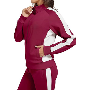 Chándal con cuello alto para mujer, mezcla de algodón y poliéster, diseño de bloques de color, chaqueta con cremallera completa, pantalones con rayas laterales - Product Image 6