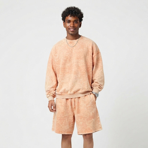 Men's Washed Sweat Shorts Set Polyester/Cotton Breathable Casual Fleece Baggy Drop Shoulder <b>Knee</b> Length Street Wear - Product Image 1