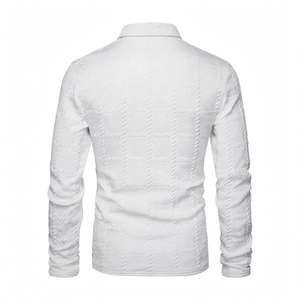 <b>Men's</b> <b>White</b> <b>Long</b> <b>Sleeve</b> Polo <b>Shirt</b> Knitted Textured Collar Button Casual Top - Product Image 4
