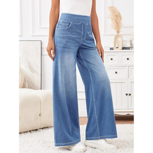 Pantalones Vaqueros de Cintura Alta, Pierna Ancha, Lavado Claro, Corte Holgado, Casuales para Mujer, con Bolsillos, Tela de Algodón, Estilo Primavera - Product Image 3