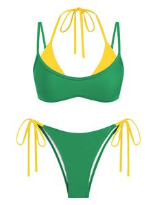 Ensemble de maillots de bain pour femmes, bikini à col halter, maillot de bain bicolore, logo personnalisé OEM - Product Image 3
