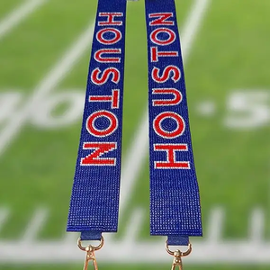 Sangle en toile bleue de Houston avec lettrage rouge, accessoire de sac classique et durable - Product Image 1