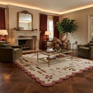 Tapis décoratif en laine/coton à motifs abstraits, tufté à la main, antidérapant, avec bordure festonnée, moderne, pour salon et chambre à coucher - Product Image 3
