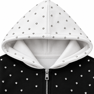 Sudadera con Capucha y Cremallera Unisex Oversize con Bloques de Color, 100% Algodón, Diseño de Puntos Bordados con Pedrería, Negra y Blanca, Casual de Invierno - Product Image 4