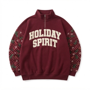 Sweat-shirt à col zippé Holiday Spirit pour femme, couleur bordeaux, tricoté, manches longues, décontracté, hiver, avec motif flocon de neige sur les manches - Product Image 1