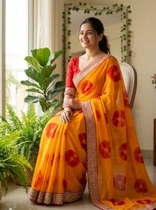 Yellow <b>Red</b> Embroidered Chiffon <b>Saree</b> with Traditional Design for Women Regular Fit for Weddings/Parties - Product Image 2
