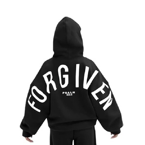 Sweat-shirt à capuche unisexe en coton noir surdimensionné, style streetwear décontracté, avec impression au dos, motif Psaume 32:1 « Forgiven », tricoté - Product Image 1
